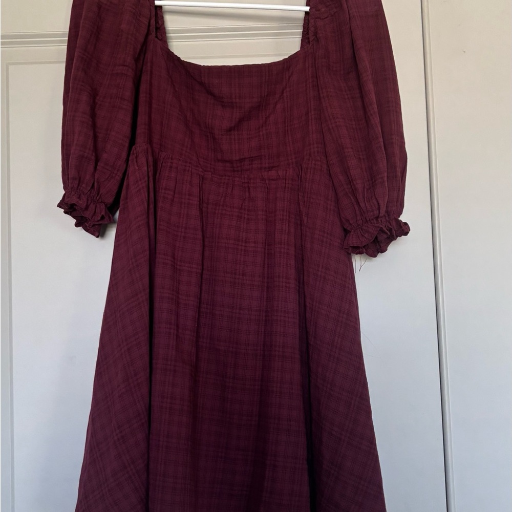 Burgundy Plaid Puff Sleeve Dress